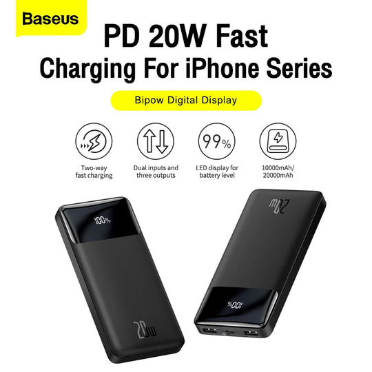 Baseus Power Bank 20000mAh/10000mAh, chargeur portable et batterie externe 20W Charge rapide disponible.