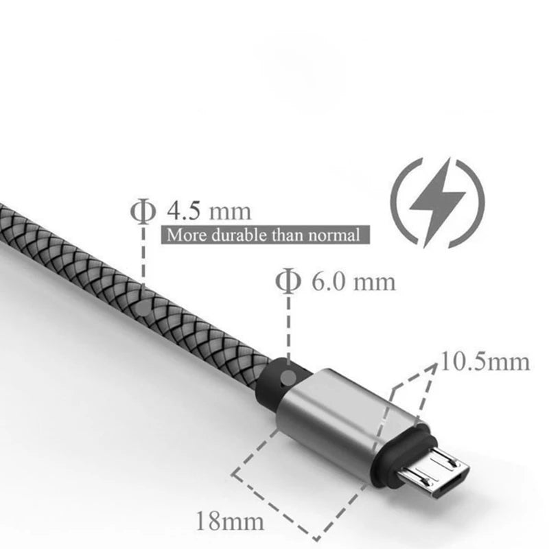 Câbles de chargeur micro USB en métal 2M, charge rapide, court.