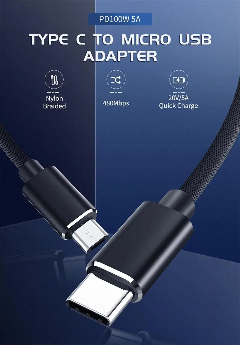 Adaptateur de charge rapide USB Type C vers Micro USB PD 100 W 5 A. Câble pour Macbook, Samsung, Xiaomi, Huawei.