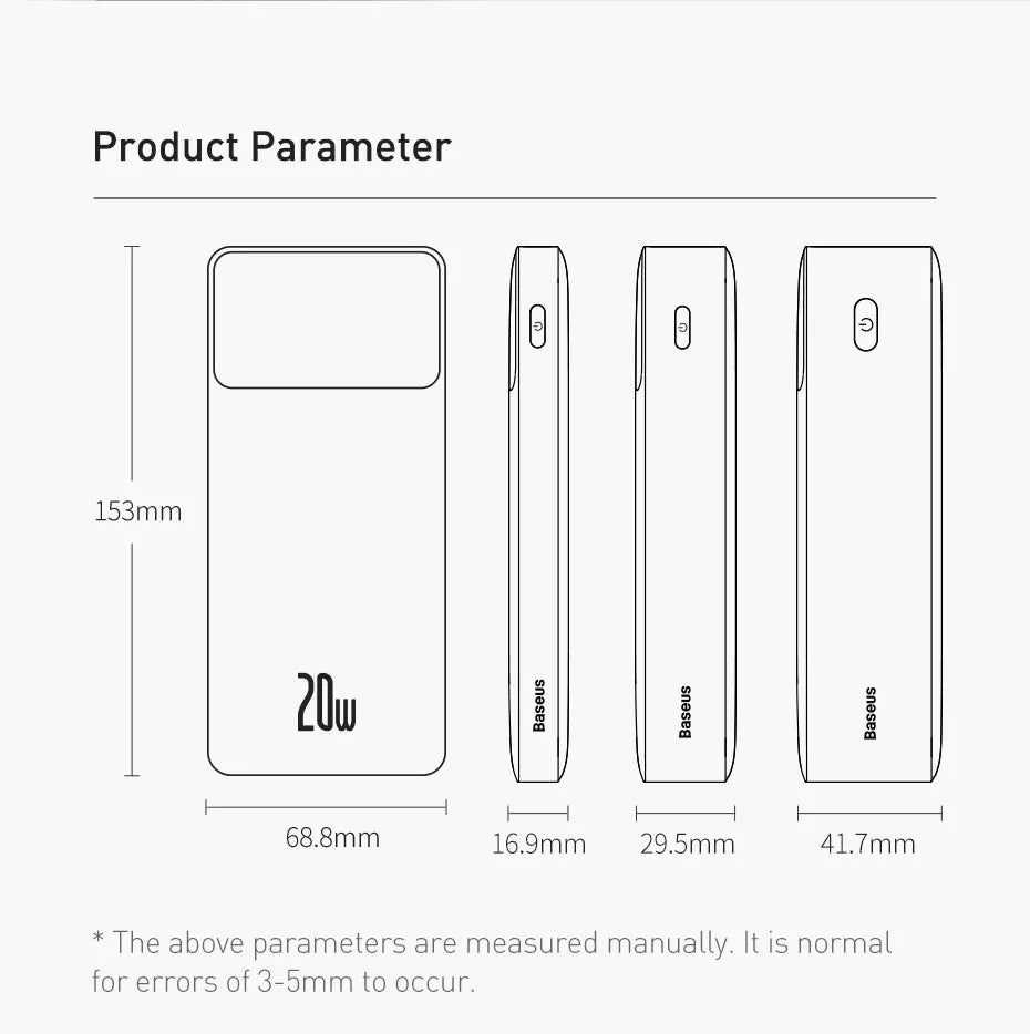 Baseus Power Bank 20000mAh/10000mAh, chargeur portable et batterie externe 20W Charge rapide disponible.