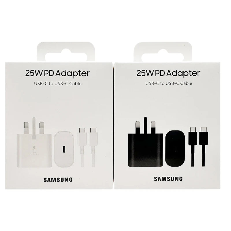 Chargeur USB C d'origine Samsung 25 W, charge ultra rapide, versions américaines, britanniques et européennes disponibles.