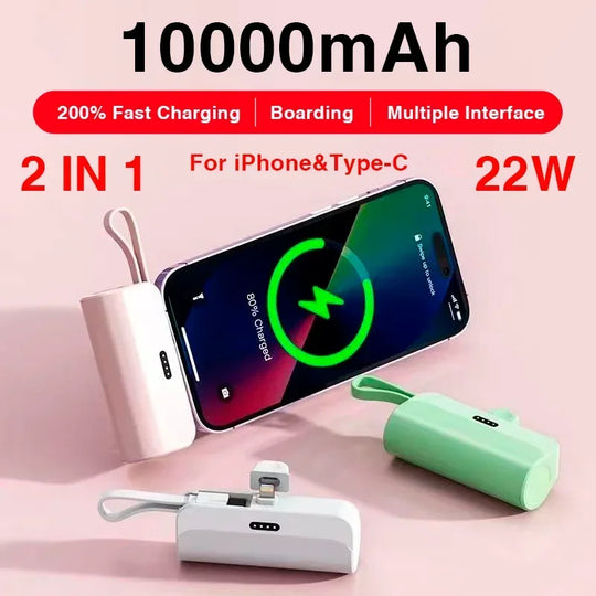 Mini Power Bank 10000mAh 2 en 1 Chargeur de téléphone portable rapide Batterie externe Power Bank Plug Play Type-C pour iPhone Samsung Huawei.