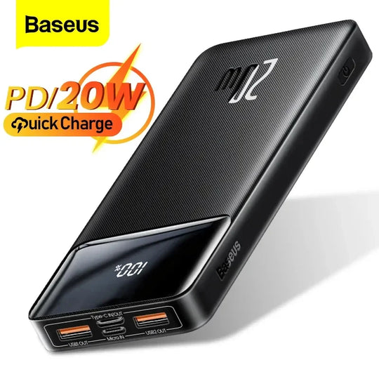 Baseus Power Bank 20000mAh/10000mAh, chargeur portable et batterie externe 20W Charge rapide disponible.