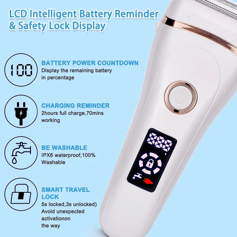 Épilateur électrique indolore rechargeable par USB pour femmes pour barbe ou cheveux. Appareil de rasage pour femmes portable avec écran LCD.