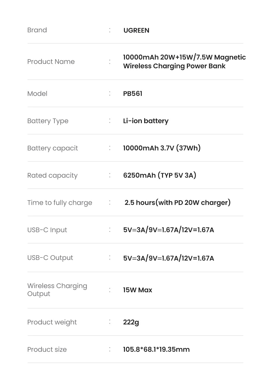 UGREEN PD20W Power Bank Magnétique 10000mAh Portable Sans Fil Charge Rapide PowerBank pour Magsafe pour iPhone 15 Pro Max 14 13 12 et Android.