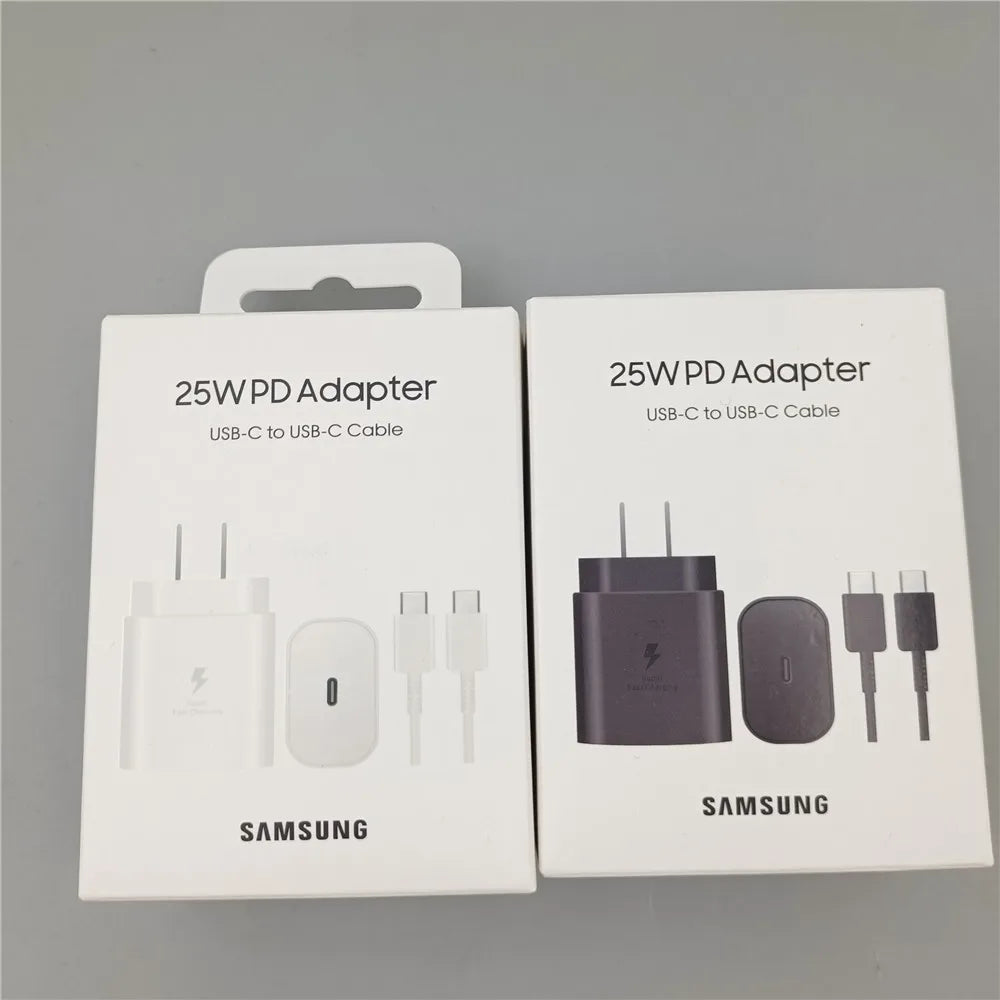 Chargeur USB C d'origine Samsung 25 W, charge ultra rapide, versions américaines, britanniques et européennes disponibles.