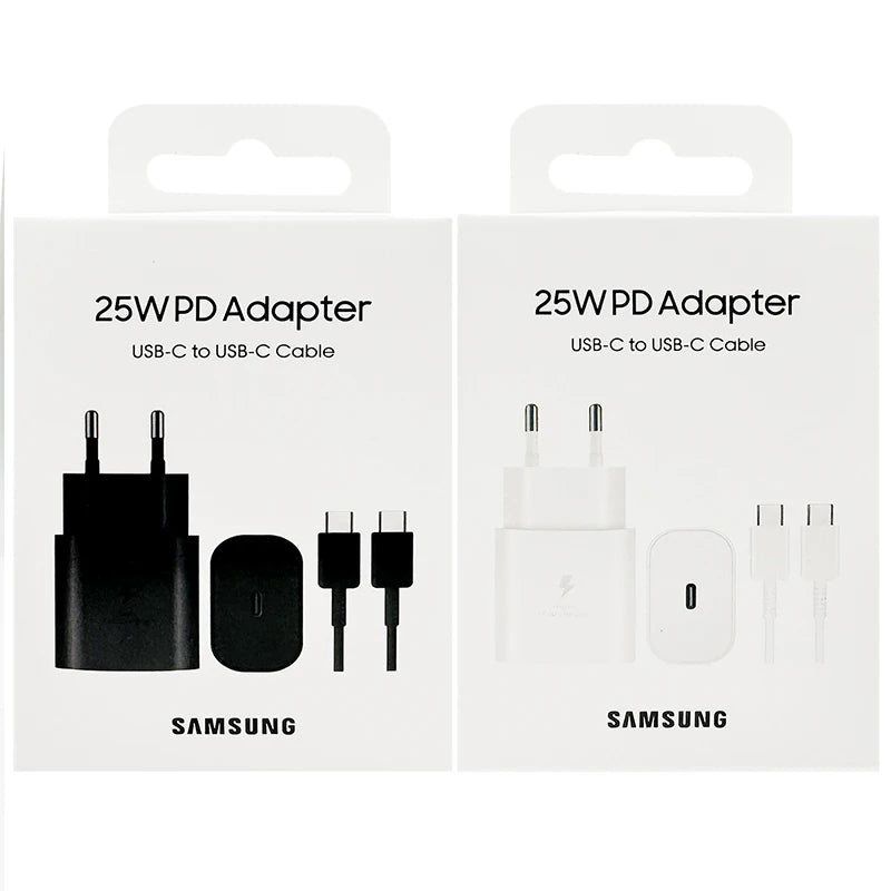 Chargeur USB C d'origine Samsung 25 W, charge ultra rapide, versions américaines, britanniques et européennes disponibles.