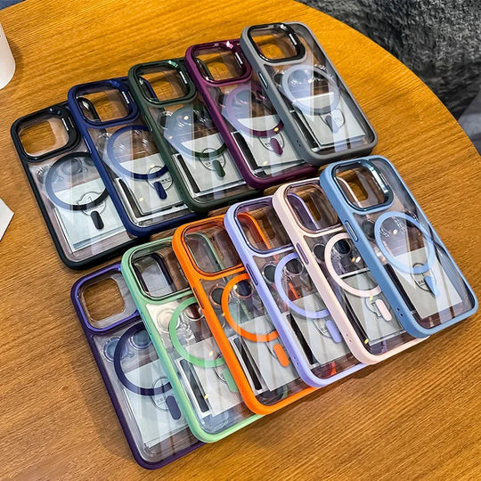 Coque de téléphone magnétique antichoc. Protection d'objectif d'appareil photo en verre intégrée avec support pour iPhone 16 Pro Max à iPhone 12.