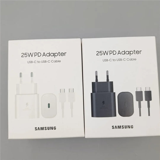 Chargeur USB C d'origine Samsung 25 W, charge ultra rapide, versions américaines, britanniques et européennes disponibles.