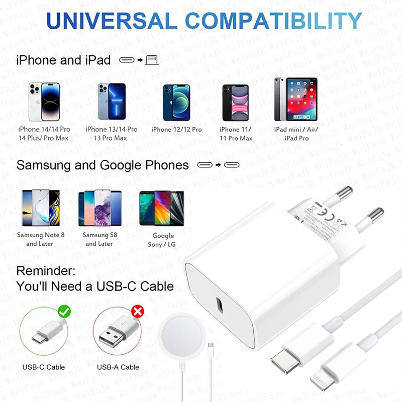 Chargeur sans fil Apple Magsafe, câble de type C, charge rapide, pour iPhone 15 jusqu'à 8 plus.